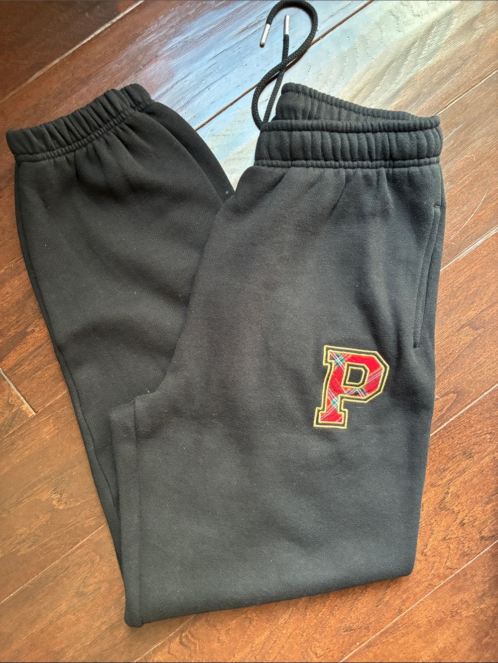 PINK Victoria's Secret Black Sweatpants with Red 'P' Patch